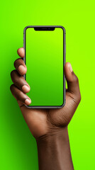 Human hand holding smartphone with blank screen against vibrant green background, showcasing modern technology and digital communication possibilities