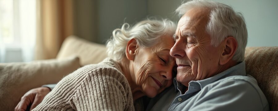 Elderly couple sitting together on couch, embracing, showing love, affection. Old man, woman cuddling, resting on sofa at home, expressing care, tenderness, enjoying quiet moment together in living
