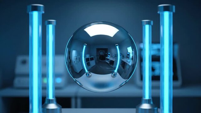 Suspended metallic sphere rotating slowly in electromagnetic field. Levitation setup with glowing blue poles and control device. Scientific magnetic experiment footage.