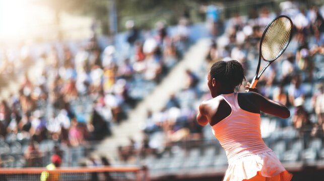 Young African Woman Plays Tennis on a Sunny Outdoor Court with Spectators Watching