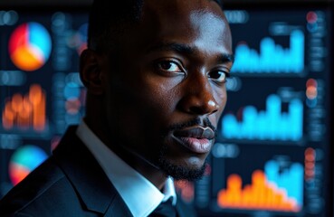 Business professional analyzing financial data on digital screens with colorful charts and graphs