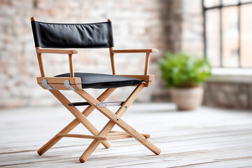 Director's chair positioned in a bright studio setting with soft lighting, showcasing a creative workspace atmosphere for filmmaking and production