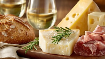 Assorted meats and cheeses arranged on a wooden platter with fresh bread and wine glasses, creating a cozy upscale dining experience