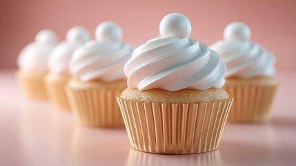 Cartoon cupcakes with swirled frosting on a pink background, showcasing a minimal sweet pattern and vibrant colors for delightful visual appeal
