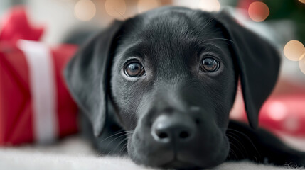 Adorable puppy lying near Christmas presents in a warm cozy scene, capturing the essence of holiday joy and comfort with festive ambiance