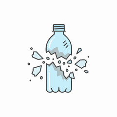 Illustration of a broken light blue plastic bottle with scattered pieces