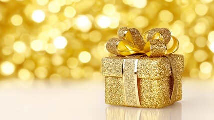 Elegant gold present adorned with a shimmering ribbon and surrounded by glittering bokeh, creating a luxurious festive atmosphere for celebrations