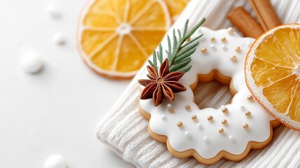 Christmas wreath made of cookies, spices, and dried oranges, beautifully arranged on a textured fabric, showcasing festive culinary creativity