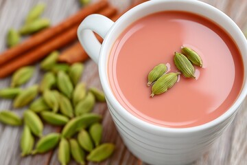 Clay cup filled with chai tea resting on rustic wooden table, garnished with cardamom pods and cinnamon sticks, inviting warm beverage experience