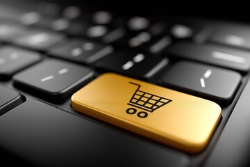 Close-up of a computer keyboard featuring a prominent golden shopping cart button, symbolizing online shopping and digital commerce trends