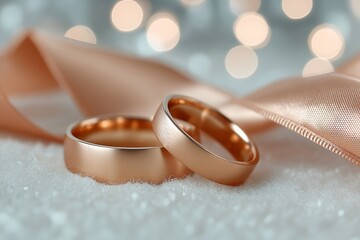 Close-up of elegant wedding bands intertwined with soft satin ribbon, featuring a dreamy bokeh background for romantic celebrations and love stories