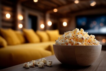 Cozy home cinema setup featuring a bowl of popcorn and a modern sofa, creating an inviting atmosphere for movie nights and relaxation