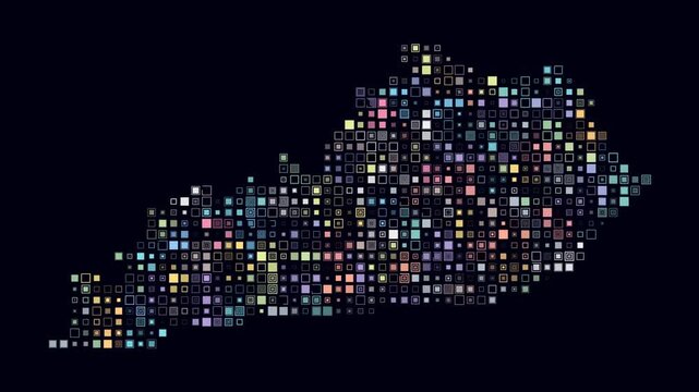 Kentucky animated shape. Pulsating colored dots on the map of the state. Small size square blocks. Digital style Kentucky map on dark background. Awesome animation video.