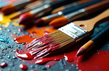 Obraz premium Colorful paintbrushes and splattered paint on a surface create an artistic and creative scene