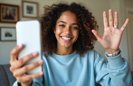 Happy young woman holds smartphone, waves to camera. Smiles, talks into phone for video call. Girl records vlog, streaming content online. Teenager chats remotely from home, shares social media