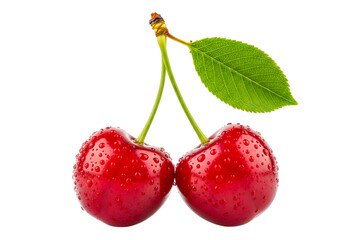 Two ripe red cherries with a green leaf isolated on transparent background
