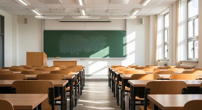Classroom with wooden desks and a chalkboard in bright daylight