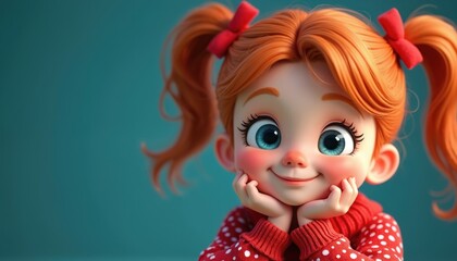 Cute 3D cartoon redhead girl smiles brightly. Big blue eyes, wears pigtails with red bows. Child rests chin on hands, looks happy against blue background. Digital illustration shows childhood joy.