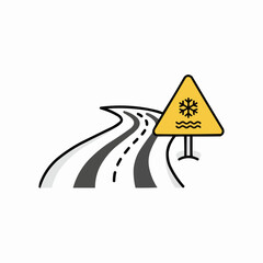 Warning sign indicating slippery conditions on a winding road ahead icon