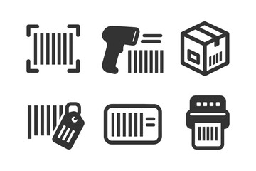 Barcode icons set: scanner, tags, and shipping box illustrations.