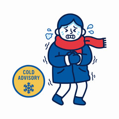 Person shivering in cold weather with cold advisory sign and winter clothing