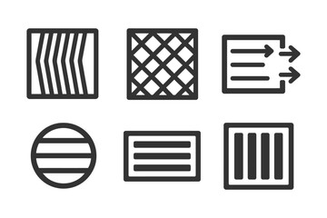 Set of six minimalist vent and filter icons in black and white.