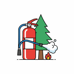 Red fire extinguisher putting out a small fire next to a green pine tree