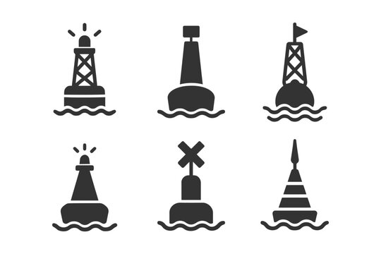 Collection of six nautical buoy icons in minimalist black design.