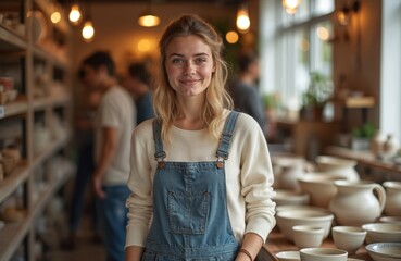 Smiling young woman in pottery shop. She wears denim overalls. Several people browse ceramics. The shop has shelves with handmade tableware. Woman is self employed owner of a store.