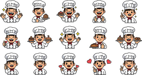 Happy Cartoon Chef with Pastries and Gestures