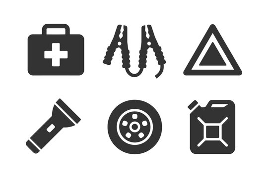 Essential car emergency kit: icons of first aid, jumper cables, warning triangle.