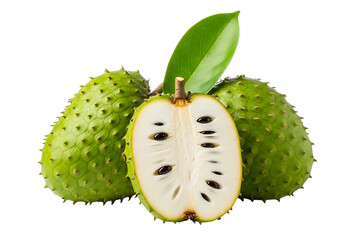 Soursop fruits isolated on transparent background, with a cut soursop in the middle