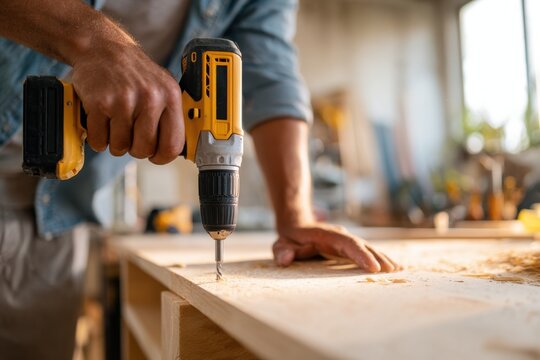 A Carpenter Demonstrates Using a Power Drill on a Wooden Surface with Sawdust - Powered by Adobe