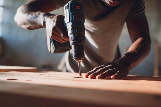 Skilled African craftsman uses electric drill for precise woodworking project in workshop