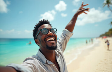 Happy African American man laughs, smiles on a tropical beach vacation. He wears glasses, striped shirt, raises arm in joy. Turquoise ocean, sand, people, blue sky. Guy enjoys summer holiday trip.