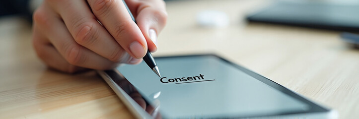 Digital consent signed on tablet with stylus pen for business use, demonstrating digital consent form process with legally binding signature. Digital consent ensures secure data processing.