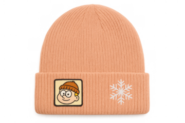 Peach knitted beanie hat with cartoon character patch and snowflake embroidery for winter fashion