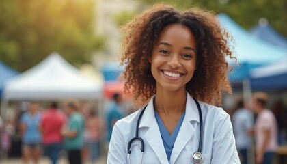 Smiling young african american woman doctor at outdoor community health fair. Happy female nurse volunteers at local event. Medical pro provides healthcare assistance, promotes public wellness checks.