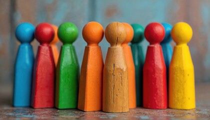 Colorful wooden figures stand together symbolizing unity and diversity. Image represents inclusion equal opportunities and fairness. This photo can illustrate social issues about human rights.