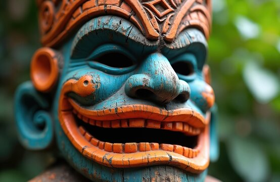 Close up of vibrant blue and orange carved wooden Polynesian Tiki god statue face. It has a detailed headdress and wide smiling mouth. The old weathered mask is set outdoors among green plants.