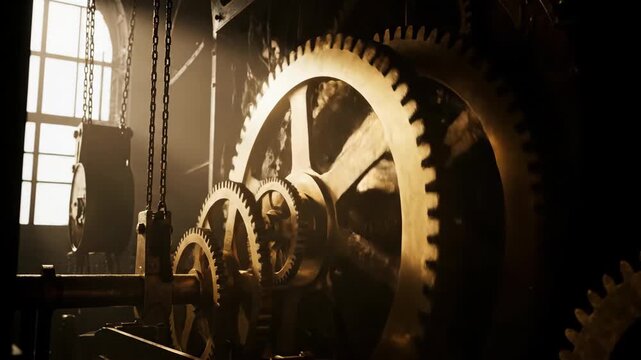 Close up view of clockwork gears moving in historical tower mechanism. Time and history concept, vintage machinery footage.