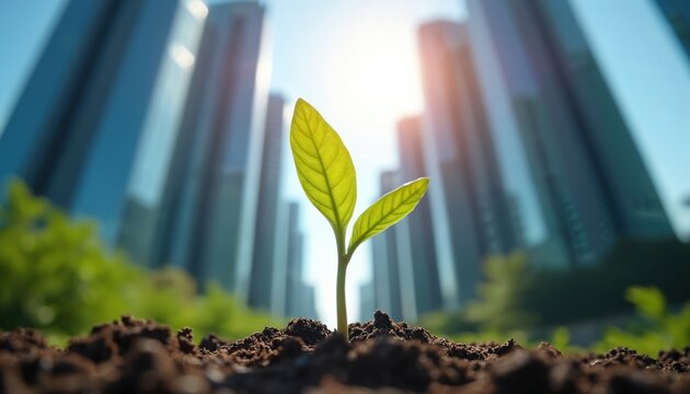 Green plant sprouts from ground near modern skyscrapers. Eco friendly business concept illustrates growth. Sustainable development in urban environment. Corporate leadership strategy idea. Future eco