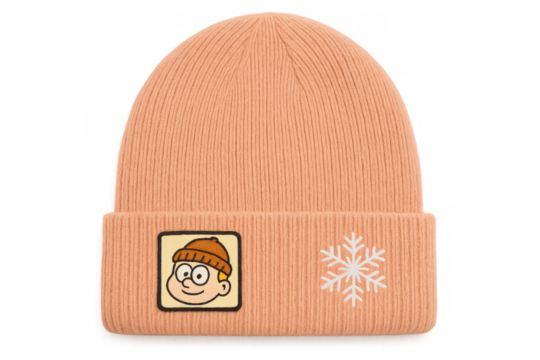 Peach knitted beanie hat with cartoon character patch and snowflake embroidery for winter fashion