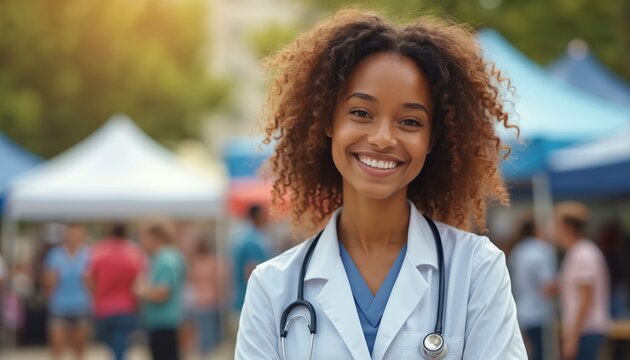 Smiling young african american woman doctor at outdoor community health fair. Happy female nurse volunteers at local event. Medical pro provides healthcare assistance, promotes public wellness checks.