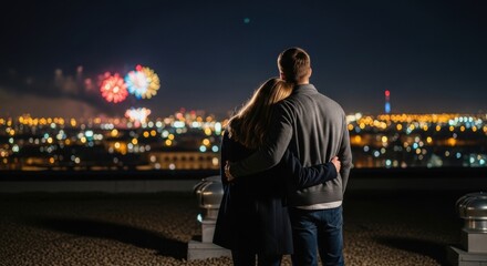 Romantic couple watching fireworks light up the night sky over the city skyline, celebrating love and happiness on a rooftop under the stars