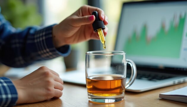Businesswoman adds oil from dropper into glass of beverage at desk with laptop showing financial charts. Person uses tincture for relief. Natural remedy intake at work. Wellness solution for stress.