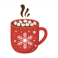 steaming hot chocolate in red snowflake mug with melting marshmallows vector art isolated on white background