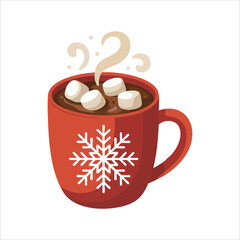 steaming hot chocolate in red snowflake mug with melting marshmallows vector art isolated on white background