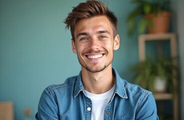 Obraz premium Happy young man smiles friendly at camera with confident expression. Headshot portrait of handsome caucasian male student showing positive emotions. Person with white teeth in casual denim shirt
