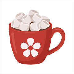 festive Christmas cocoa with marshmallows in ceramic cup vector art isolated on white background